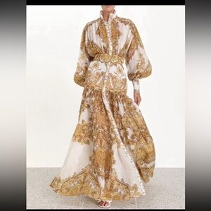Zimmermann Gold and Cream Long Sleeve maxi Dress AU size 2